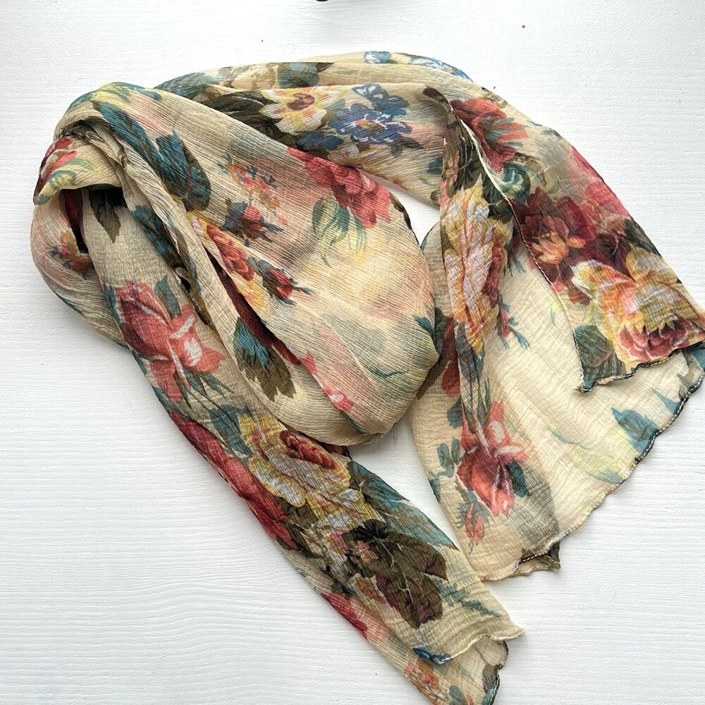 Floral Chiffon Crinkle Scarf Sheer Cabbage Rose Cream Shabby Chic Cottagecore